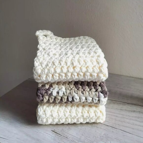 3 Crochet DISHCLOTH WASHCLOTH 100% Cotton Handmade Brown Variegated Off White - Picture 6 of 8